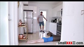 Little dark haired teenage Bambi Black stuck in trash can fucked by her sisters bf