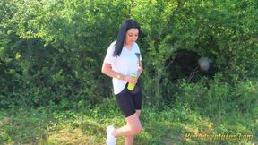 Sexy Brunette Trying Hard to Empty Her Bladder Outside, Then Quick Pee Next to a House in Construction
