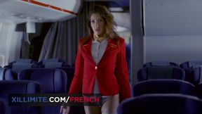 Incredible brunette flight attendant gets fucked by two rich guys during a commercial flight