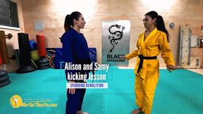 Alison and Samy kicking lesson sparring demolition