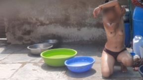 Stepsister bath bathing in open bathroom