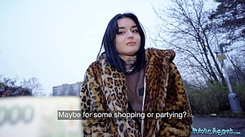 Petite French babe Crystal Cherry gives deepthroat blowjob on outdoor public scene