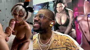 ebony pokemon trainer jerking off a cock until her face gets cum covered, ai generated