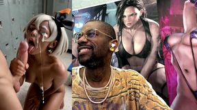 ebony pokemon trainer jerking off a cock until her face gets cum covered, ai generated