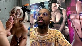 ebony pokemon trainer jerking off a cock until her face gets cum covered, ai generated