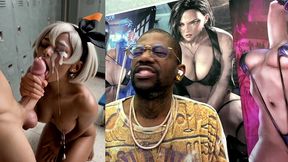 ebony pokemon trainer jerking off a cock until her face gets cum covered, ai generated