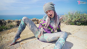 Tattooed girl with pierced pussy gets ANAL fucked outdoors
