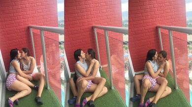 Latin lesbian teen moans loud on homemade balcony until gushing orgasm swells her perfect wet pussy