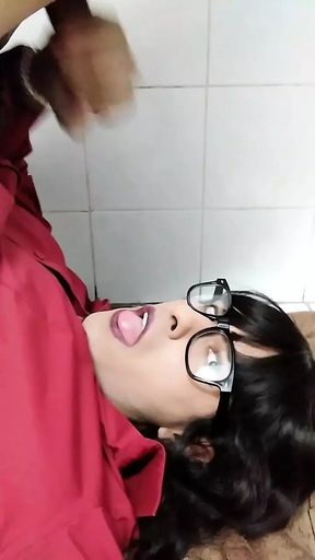 Shemale Secretary Jerks off and finish with a Self Facial cum eating