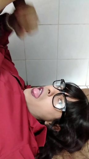Shemale Secretary Jerks off and finish with a Self Facial cum eating