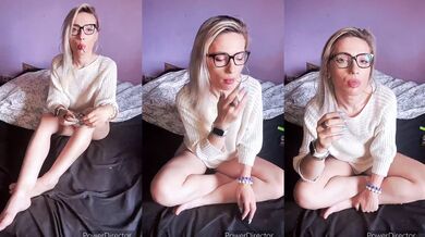 Blonde Tattooed Smoker In Glasses Sucks Cigarette Hard