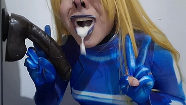 Full Version: Cute Trans Samus with BDSM Nosehook giving a Sloppy Blowjob to BBC Dildo, Deepthroat, Facial Fuck and Eating Semen