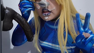 Full Version: Cute Trans Samus with BDSM Nosehook giving a Sloppy Blowjob to BBC Dildo, Deepthroat, Facial Fuck and Eating Semen