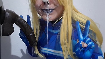 Full Version: Cute Trans Samus with BDSM Nosehook giving a Sloppy Blowjob to BBC Dildo, Deepthroat, Facial Fuck and Eating Semen
