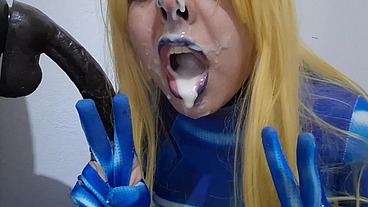 Full Version: Cute Trans Samus with BDSM Nosehook giving a Sloppy Blowjob to BBC Dildo, Deepthroat, Facial Fuck and Eating Semen