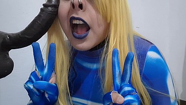 Full Version: Cute Trans Samus with BDSM Nosehook giving a Sloppy Blowjob to BBC Dildo, Deepthroat, Facial Fuck and Eating Semen