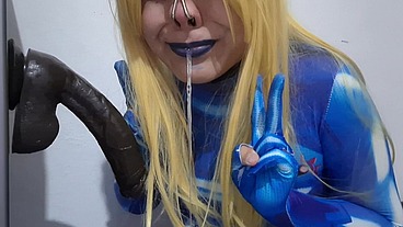 Full Version: Cute Trans Samus with BDSM Nosehook giving a Sloppy Blowjob to BBC Dildo, Deepthroat, Facial Fuck and Eating Semen
