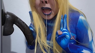 Full Version: Cute Trans Samus with BDSM Nosehook giving a Sloppy Blowjob to BBC Dildo, Deepthroat, Facial Fuck and Eating Semen