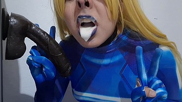 Full Version: Cute Trans Samus with BDSM Nosehook giving a Sloppy Blowjob to BBC Dildo, Deepthroat, Facial Fuck and Eating Semen