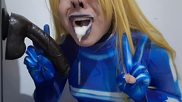 Full Version: Cute Trans Samus with BDSM Nosehook giving a Sloppy Blowjob to BBC Dildo, Deepthroat, Facial Fuck and Eating Semen