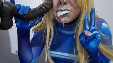 Full Version: Cute Trans Samus with BDSM Nosehook giving a Sloppy Blowjob to BBC Dildo, Deepthroat, Facial Fuck and Eating Semen