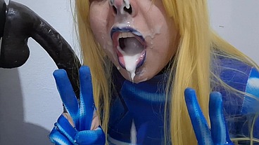 Full Version: Cute Trans Samus with BDSM Nosehook giving a Sloppy Blowjob to BBC Dildo, Deepthroat, Facial Fuck and Eating Semen
