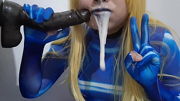 Full Version: Cute Trans Samus with BDSM Nosehook giving a Sloppy Blowjob to BBC Dildo, Deepthroat, Facial Fuck and Eating Semen
