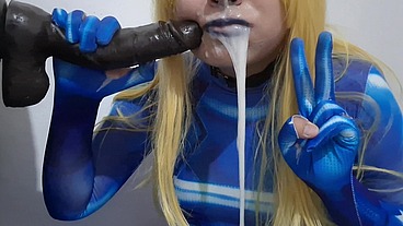 Full Version: Cute Trans Samus with BDSM Nosehook giving a Sloppy Blowjob to BBC Dildo, Deepthroat, Facial Fuck and Eating Semen