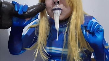 Full Version: Cute Trans Samus with BDSM Nosehook giving a Sloppy Blowjob to BBC Dildo, Deepthroat, Facial Fuck and Eating Semen