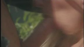 Sexy tight young blonde gets her tight twat pounded by two hung studs outside