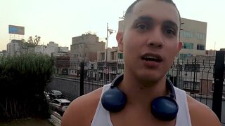 Muscular guy works out and meets with a street agent