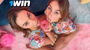 Sweetie eats donuts while giving hot threesome
