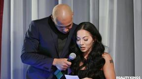 ”Pretty Asian babe Morgan Lee fucks on a live TV show”