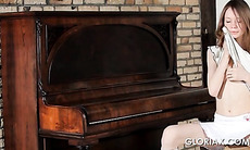 Blonde cute Gloria touching her naked body with lust