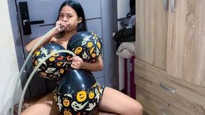 Looner Camylle Stuffs Her Halloween Bra And Panties With Balloons Then Blows Them To Pop