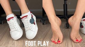 Foot play in shoes, barefoot, socks