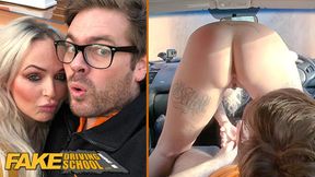 Busty blonde gets big cock in fake driving school