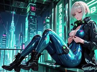 AI-generated- Cyber Agent's Intimate Night! The golden-haired siren in her neon tactical costume lounges seductively inside the high-tech command center.