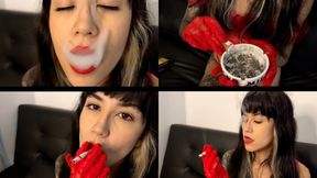 All in red, smoking a Marlboro