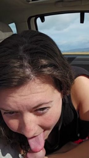 Cheeky Sloppy Roadside Blowjob In The Car! Dirty Wife Deepthroats Hubby's Huge Cock, Mouth Cumshot