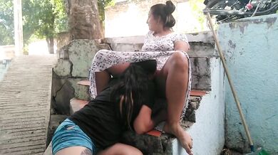 Horny lesbian fucks older partner wild with ass in public