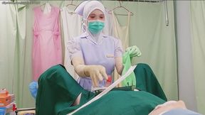 Intern Nurse in student Uniform - Catheterization & Handjob Milking Practice