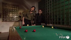 Two studs ravage a sultry sex kitten on a pool table
