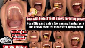 VR 3D 8K | Nova shows you her amazing teeth and bites a few rubber hamburgers with full power right in front of your nose. She chews, smacks, and swallows the mush with relish.