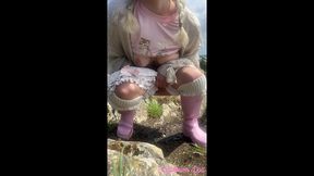 pissing on hike trail in wellies