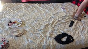 Amateur wife breakfast in bedroom, hairy pussy, big tits.