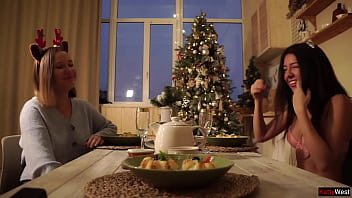 Skinny pretty faced girl sucks and jerks off neighbor's big cock for Christmas