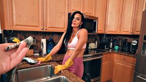 Busty amateur maid sucks and rides cock after cleaning