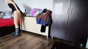 Sexy brunette cleans the house naked Mom hairy pussy, big tits, big ass