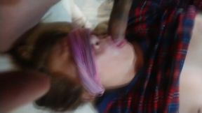 Our passes his huge cock through my wife's mouth and face while he rests, great cumshot